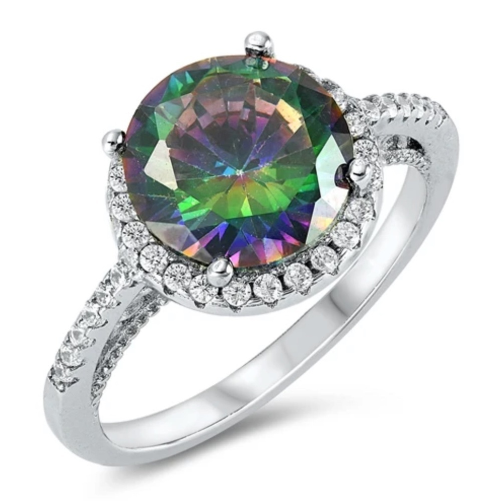 Sterling Silver Rainbow Topaz CZ Halo Ring – Round Cut (size 10)